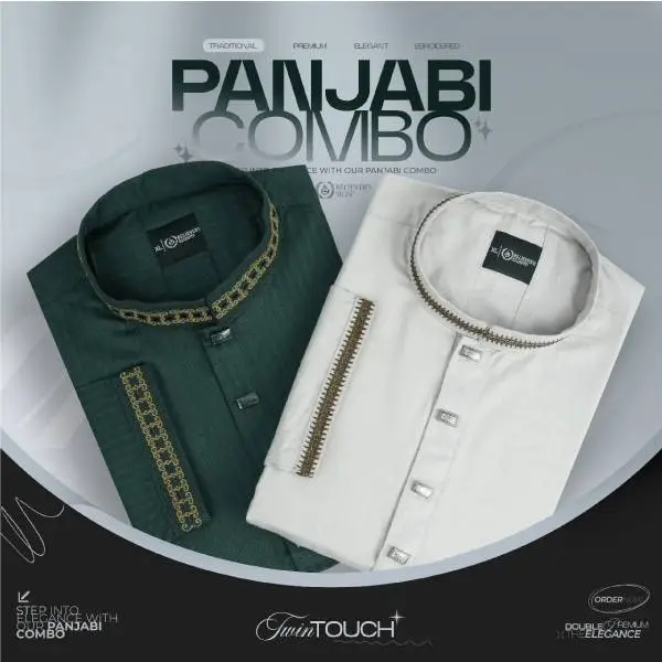 Premium Cotton Panjabi Combo 2Pcs - Green & Off White